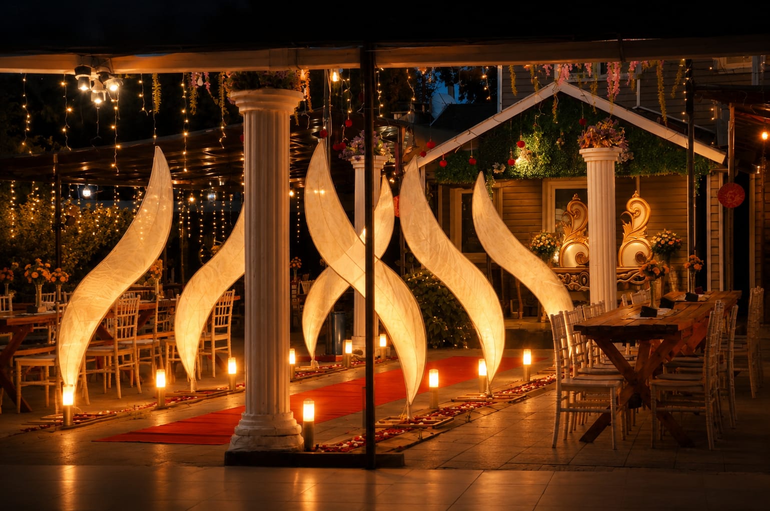 Işıklı yelken dekorlar ve romantik akşam ambiyansı